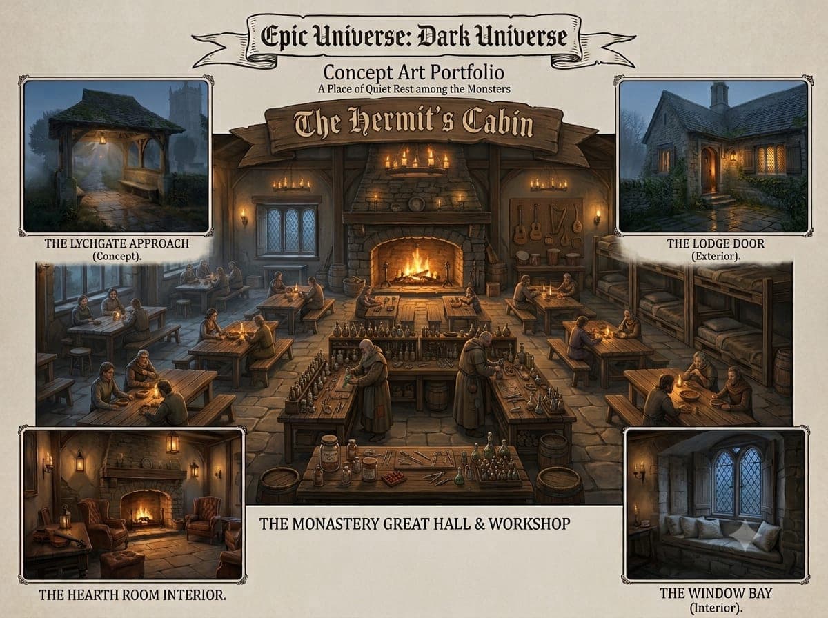 AI-generated concept art: Concept board: Monastery Great Hall. A larger-scale alternative to the lodge.
