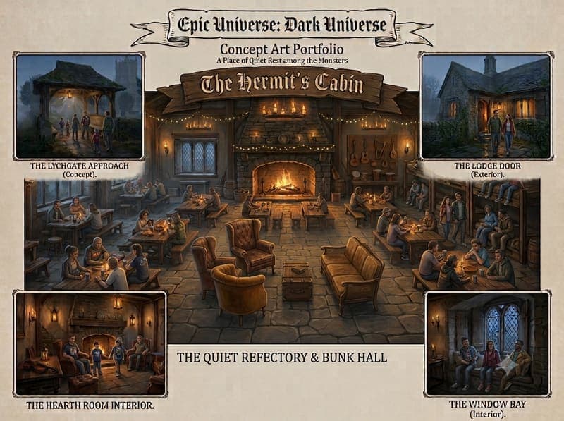 AI-generated concept board for The Hermit's Cabin: a stone lodge, hearth room, and window bay