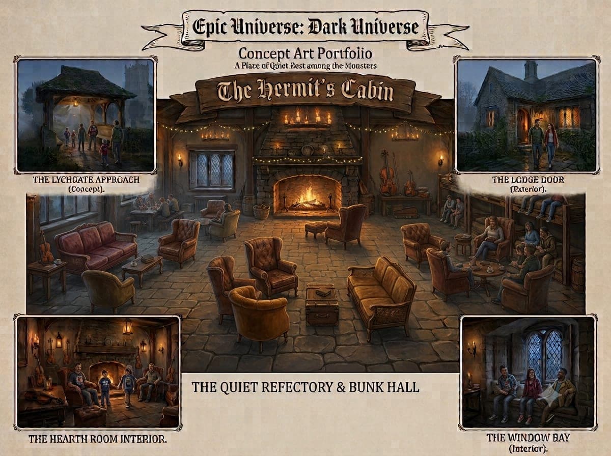 AI-generated concept art: Quiet Refectory, third pass. A later variation with a warmer hearth room.