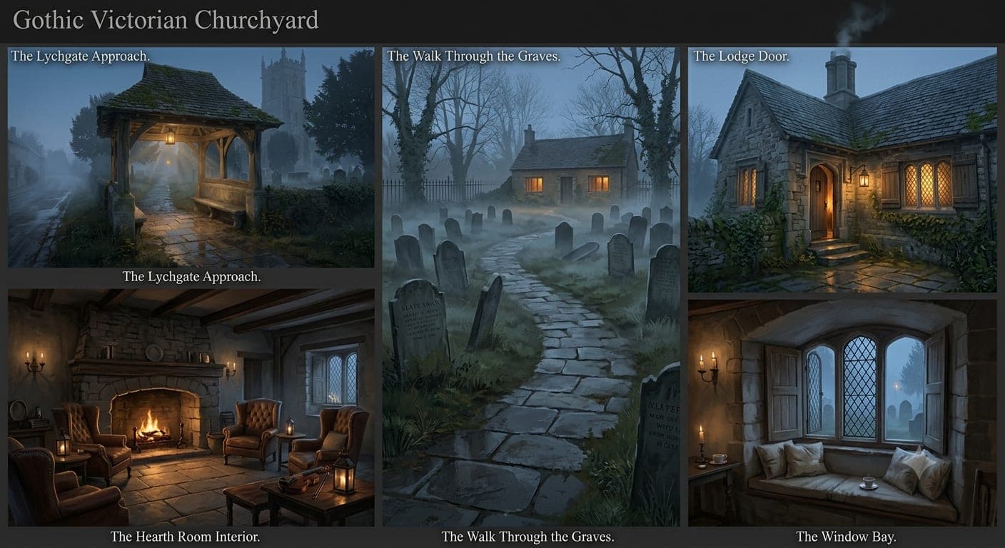 AI-generated concept art: Churchyard triptych. The flagstone path between leaning headstones, ground fog to knee height.